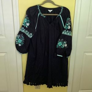 Crown & Ivy Navy Embroidered Lined Dress with Fringe